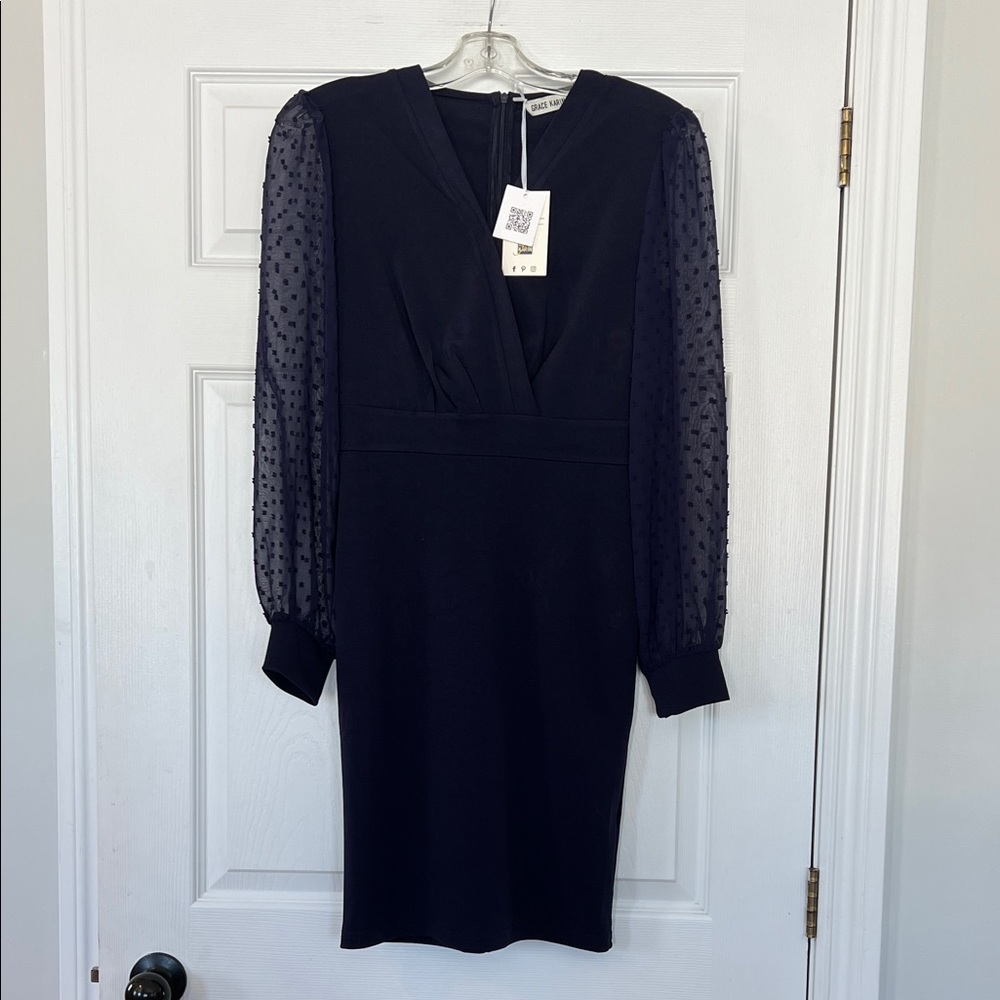 Grace Karin Navy Dress with Sheer Polka Dot Sleeves